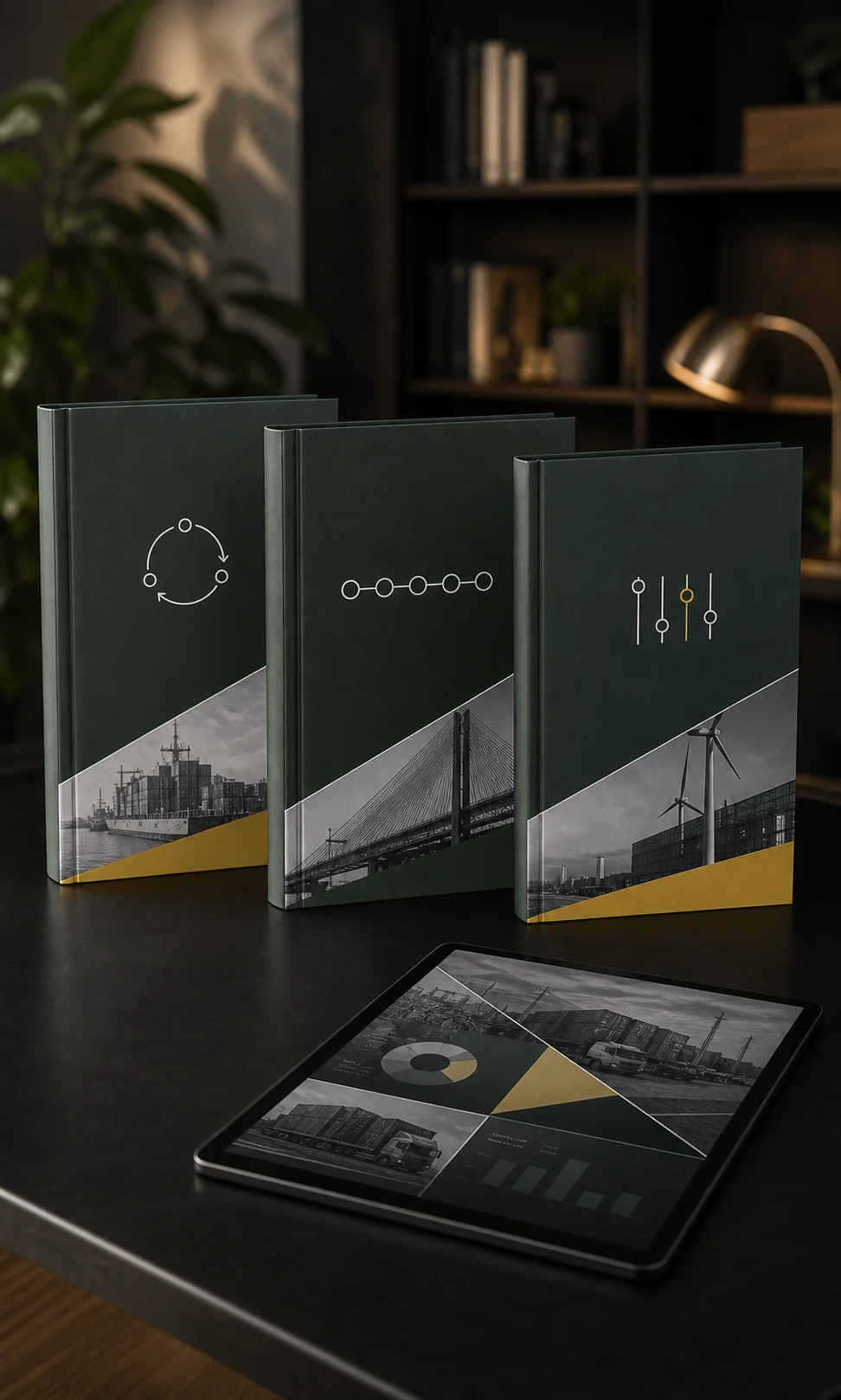 Trzy ebooki ProcureBooks i tablet z materiałami zakupowymi